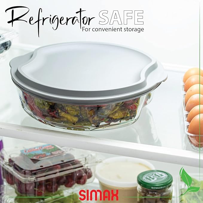 Simax Casserole Dish For Oven: Round Glass Casserole Set With Lids,1 Glass and 1 Plastic Cover ??Clear Baking Pan,Borosilicate Glassware,2.5 Quart Capacity Plus 1.5 Quart Lid