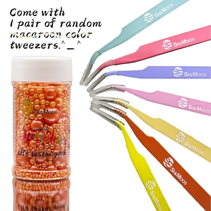 SE Si&Moos Orange Edible Pearls Orange Pearl Sprinkles for Cake Decorating Edible Cake Sugar Pearls Halloween Christmas Cookie Decorations Edible Cake Decorations for Cakes,Cupcakes Toppers 3.5 OZ with Tweezers