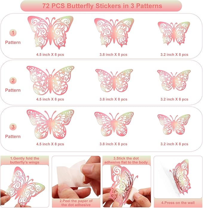 72 Pcs Butterfly Decorations, Wall Decor, Butterflies for Crafts, Cake Decorating, Wall Stickers Room Decor, Laser Pink(Polarised Green)