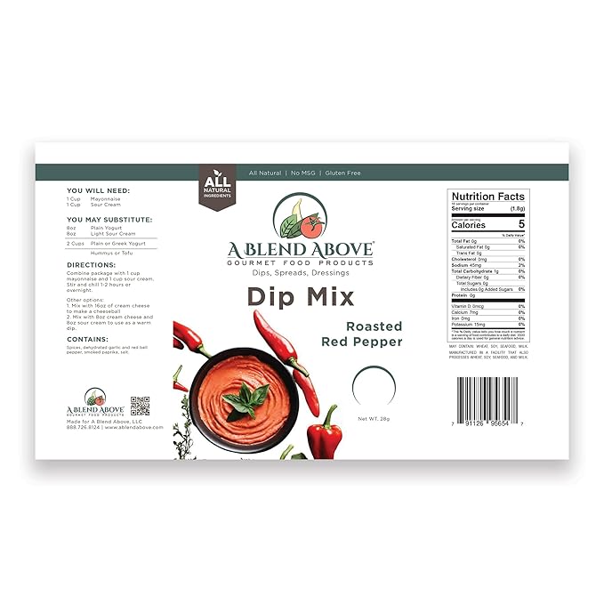 A Blend Above Roasted Red Pepper Dip Mix, 3 Packs, 1 oz. Each, Makes 16 Ounces, Gluten-Free, No MSG, All Natural, No Preservatives, Vegan Friendly, Keto Friendly, Vegetable Dip, Chip Dip, Low Carb, Easy to Make