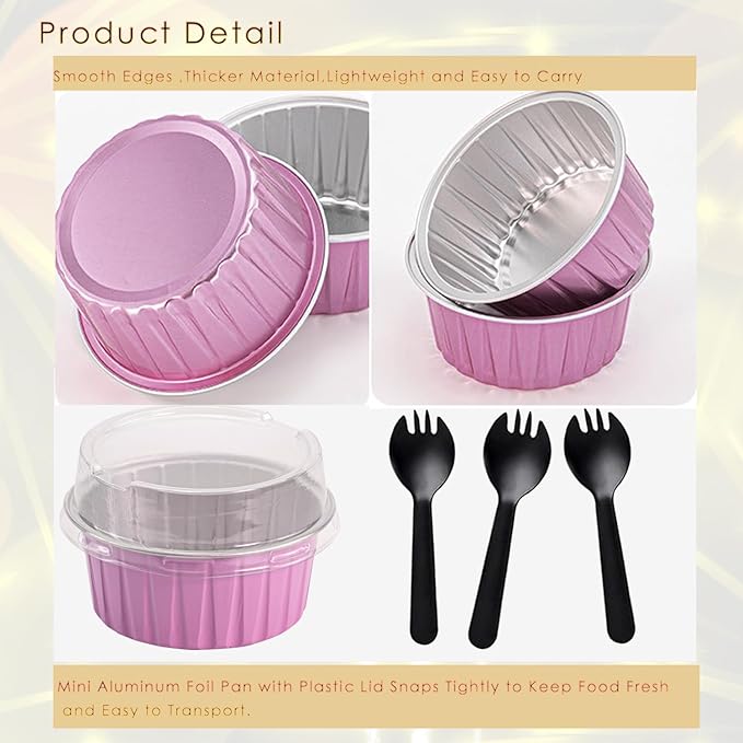 60 Pcs Mini Cake Pans with Lids,5oz Aluminum Foil Baking Cups Round Mini Disposable Ramekins 125ml Muffin Tin Ramekins Brownie Baking Cups, Dessert Cupcake Cups for Wedding Birthday Party(Pink)