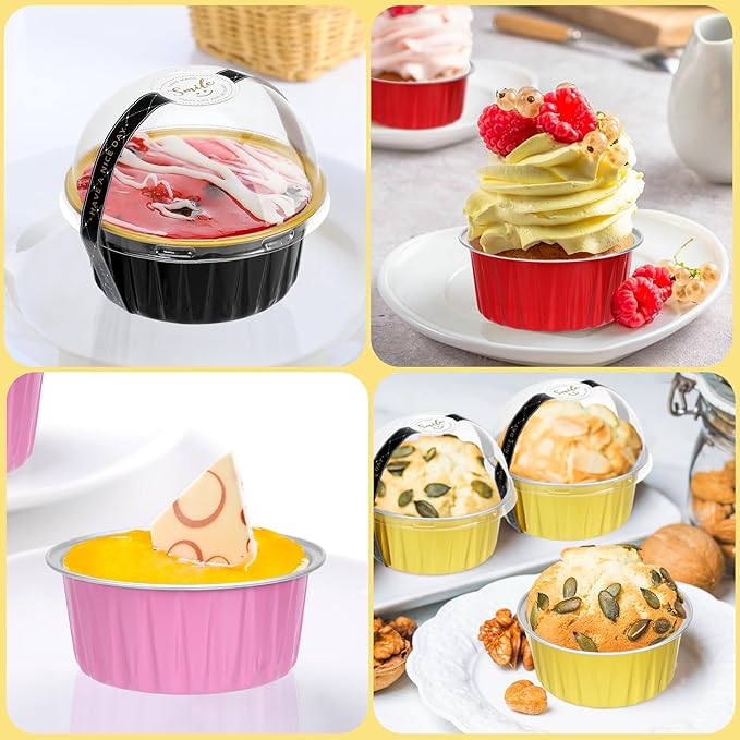 Mini Cake Pans with Lids and Spoons (40 Pack,Mixed,5oz) Round Disposable Ramekins - Sturdy Aluminum Foil Cupcake Liners with Lids for Dessert and Party