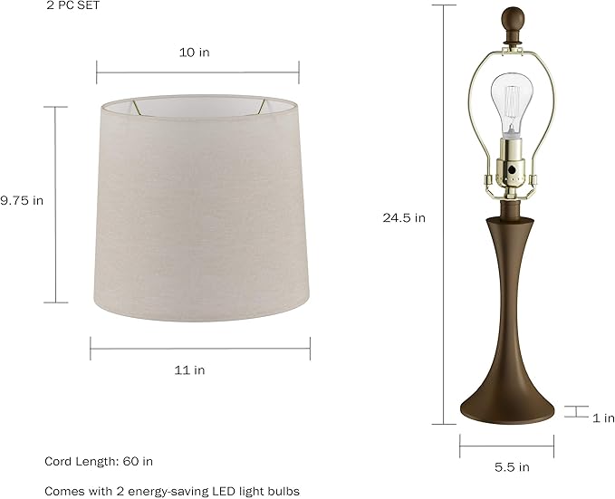 Table Lamps - Set of 2 Mid-Century Modern Lights with Metal Flared Trumpet Base - Includes Energy Efficient LED Light Bulbs by Lavish Home (Bronze)