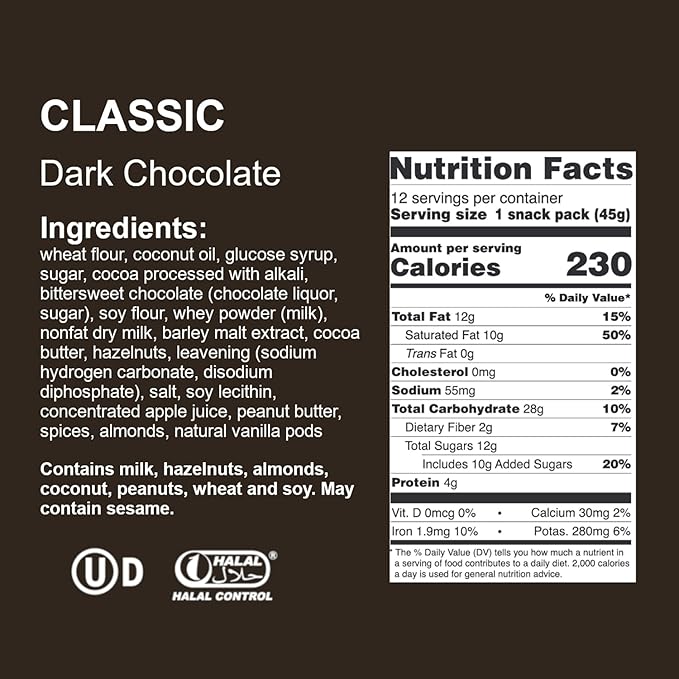 Loacker Classic Dark Chocolate Wafers - Premium Crispy Wafer Cookies with Dark Chocolate Cream Filling - Multipack of 12 Snack Packs - NON-GMO - Sustainably Sourced Cocoa - 45g/1.59oz, Pack of 12