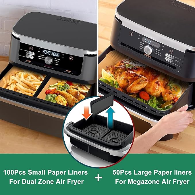 Vailnd Air Fryer Liners Disposable for Ninja DZ071 Foodi 7-QT/Instant Pot VersaZone 9QT/Topzee 11-QT Air Fryer, 100PCS Small Parchment Paper for Divider Basket & 50PCS Large Paper Liners for MegaZone