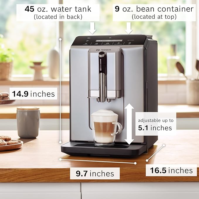 Bosch 300 Series Fully Automatic Espresso and Coffee Machine ??In-Cup Frother, OneTouch Milk Drinks, 5 Drink Options, Ceramic Grinder, Easy Clean & Descale, in Silver TIU20307