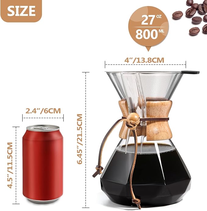 Pour Over Coffee Maker 27 OZ, 8 Cup Borosilicate Glass Drip Coffee Maker with Reusable Stainless Steel Filter and Cork Grip for Home Caf챕 800 ML (Diamond Shape)