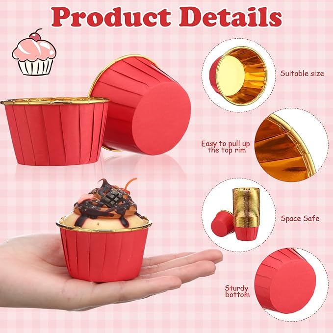 300 Pack Red Gold Cupcake Cups Bulk Disposable Foil Muffin Liners 3.5 oz Wrappers for Baking Aluminum Paper Mini Metallic Disposable Holiday Party Wedding Festival Supply