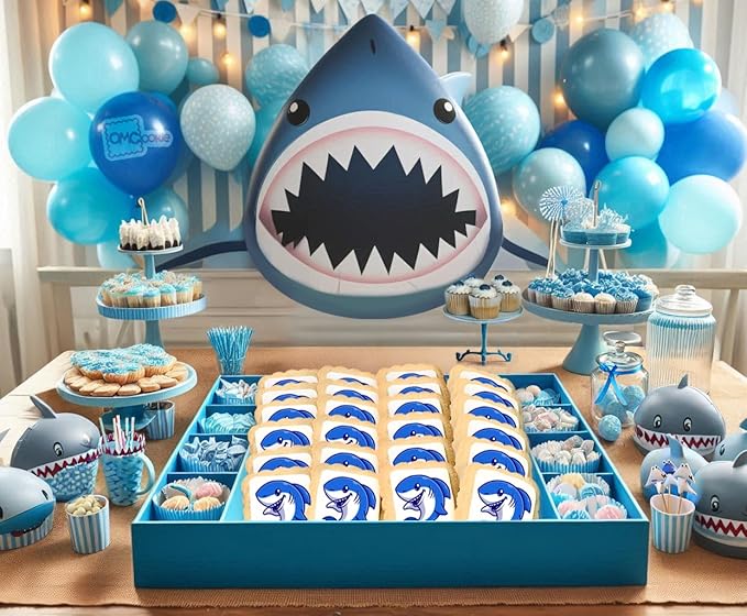 Shark Cookies Baby Theme Birthday | Individualy Wrapped Printed Cookies 24 Pack Bulk | Party Favors Under the Sea Blue