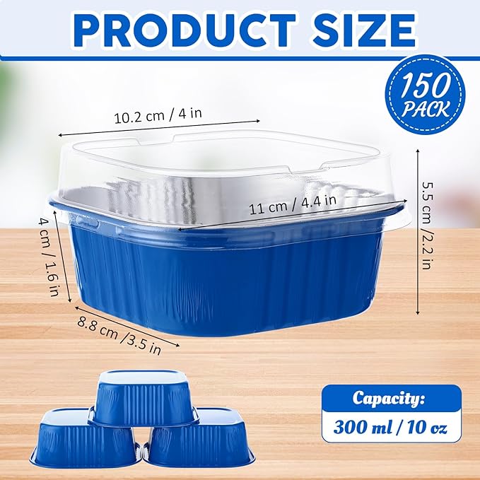 Aoriher 150 Pieces 10 oz Mini Cake Pans with Lids Aluminum Foil Baking Cups Square Disposable 4" x 4" Large Cupcake Cups Baking Tins for Kitchen Brownie Pudding Desserts Holders(Blue)