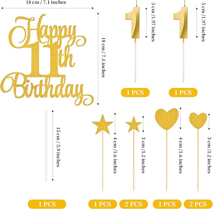 11th Birthday Cake Decorations, 11th Birthday Candles Cake Numeral Candles and Glitter Happy 11th Birthday Cake Toppers Set for Birthday Party Supplies (Gold)