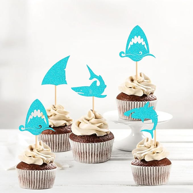 24 PCS Glitter Shark Cupcake Toppers Ocean Themed Party Shark Cake Decorations Baby Shower Birthday Party Decorations