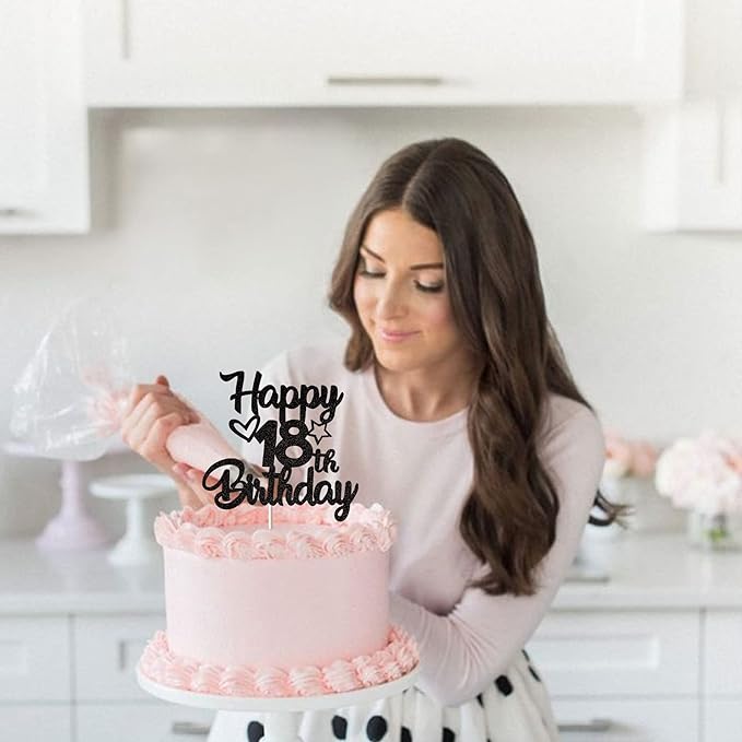 1 Pack Happy 18th Birthday Cake Topper Glitter Heart Star 18 Fabulous Cake Pick Birthday Sign Cake Decorations for 18th Birthday Theme Party Supplies Black