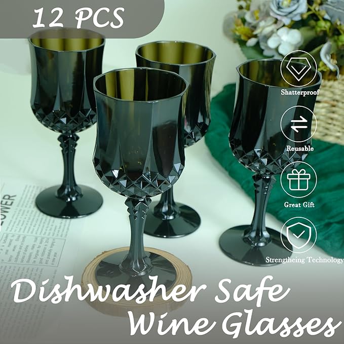 Plastic Wine Glasses,Plastic Goblets Vintage Style Cordial Drinking Glasses for Wedding Reception, Halloween Grand Event Party Supplies (12, Black)