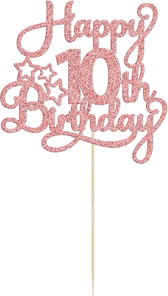 1 Pack Happy 10th Birthday Cake Topper Glitter Heart Star 10 Fabulous Cake Pick Birthday Sign Cake Decorations for Children 10th Birthday Theme Party Supplies Rose Gold