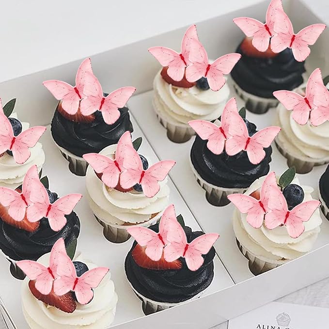 48 PCS Edible Butterfly Cupcake Toppers - Wafer Paper for Cake Decorating - Pink Butterfly Theme Baby Shower, Wedding, Birthday Party Cake Decorations Supplies
