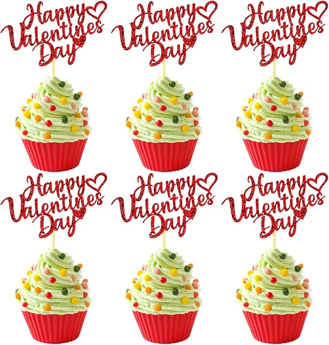 24pcs Happy Valentine's Day Cupcake Toppers with Red Heart Glitter Sweet Love Valentines Cupcake Picks for Engagement Anniversary Valentine's Day Theme Birthday Party Cake Decorations