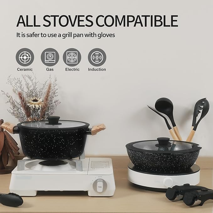 23pcs Ceramic Pots and Pans Set, Nonstick Detachable Handle Cookware, Induction Kitchen Cooking Set with Removable Handle,include Frying Pans & Saucepans Oven Safe (Black)