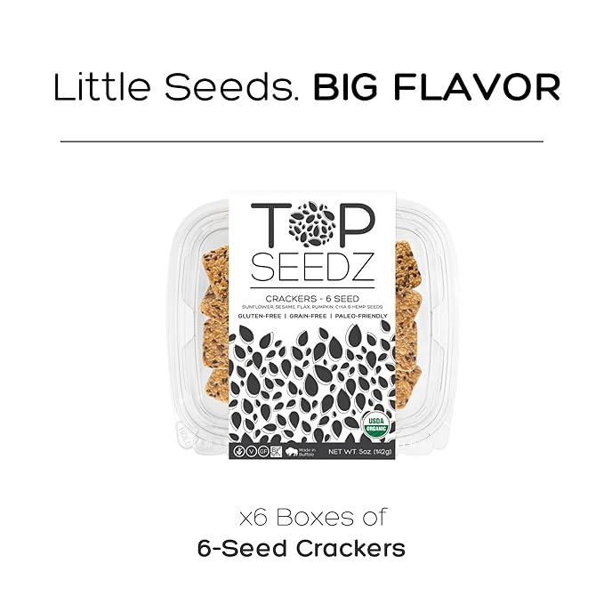 Top Seedz Certified Organic Gluten Free 6 Seed Crackers | 6-Pack | 5 Ounces | Healthy Vegan Crackers with Plant Based Protein | Made of Sunflower, Flax, Sesame and Pumpkin Seed