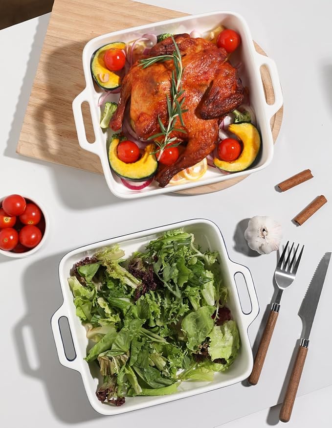 Sweejar 8x8 Baking Pan,Ceramic Casserole Dishes for Oven with Double Handlesï¼? QT Square Cake Baking Dish for Brownie,Lasagna,Casseroles,Family Dinner(White)