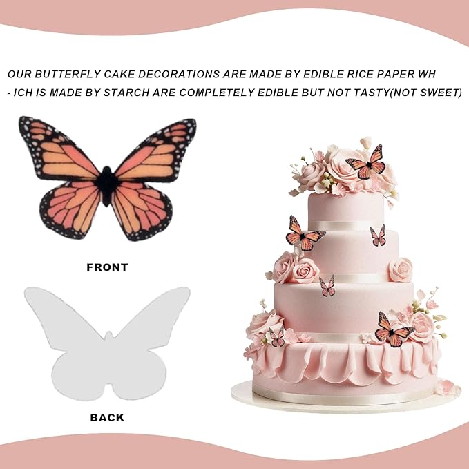 Butterfly Cake Decorations - Edible Wafer Paper Set of 50Pcs, Cupcake Toppers for Wedding, Anniversary, Birthday Party (Light Orange)
