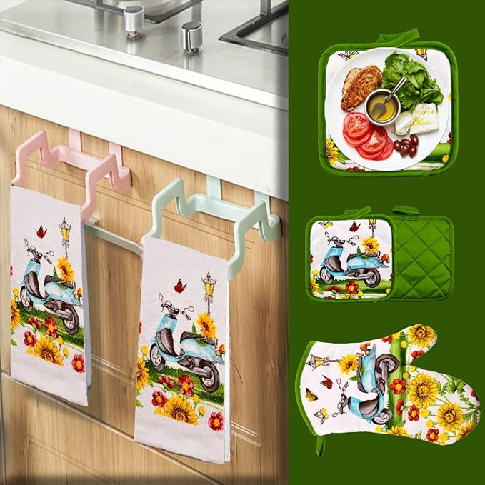 Lobyn Value Packs - Sunflowers & Butterflies & Blue Scooter: 5 Piece Kitchen Towel Set with 2 Decorative Dish Towels (25x15), 1 Oven Mitt and 2 Potholders (6 1/2 Sq)
