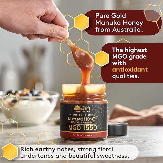 Nature’s Gold Manuka Honey MGO 1550+ Gift Set with Wooden Spoon | 10.5oz (300g), 100% Pure Genuine Traceable Hive to Home