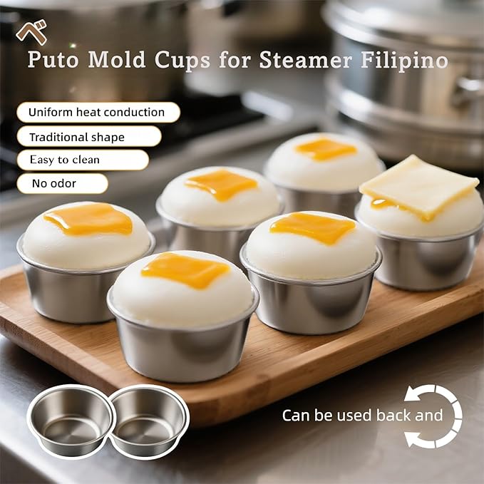 24 Pcs Puto Molder Filipino - 3.1??x 1.2??Reusable Puto Mold Cups for Steamer Filipino - Kutsinta Molder Filipino for Baking & Steaming, 304 Stainless Steel Puto Molde Baking Cup