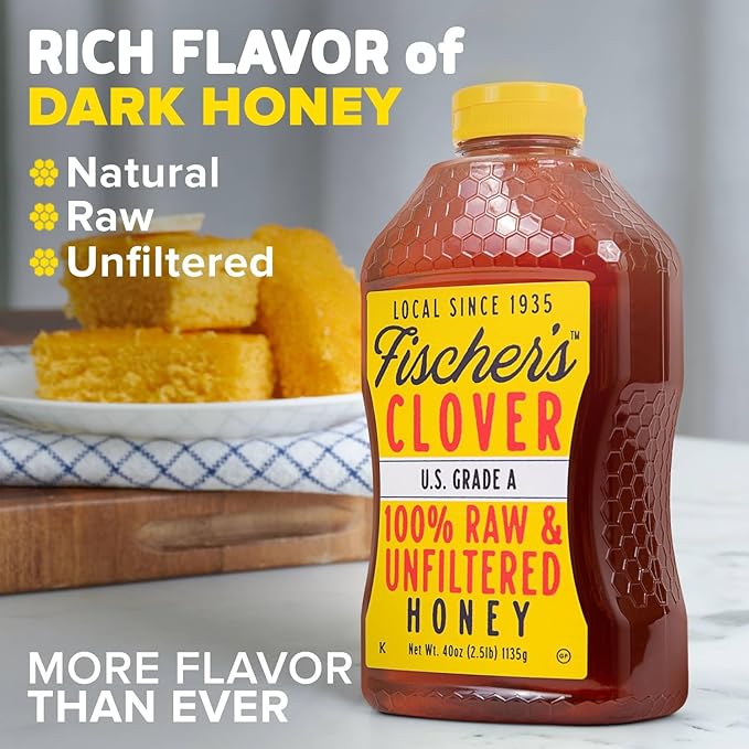 Fischer’s 100% Pure Clover Honey, 40 oz – Unfiltered Raw Honey in a Squeeze Bottle – All-Natural Sweetener – Rich Flavor Profile, Packed with Nutrients