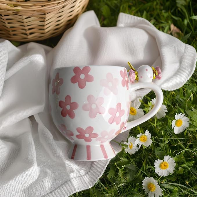 Ceramic Mug Cute Candy Shape, Unique Holiday Mug with Handle Hot Cocoa Cup Perfect for Tea & Coffee Lovers, Gifts for Family Friends or Children 12 OZ (Pink Flowers)