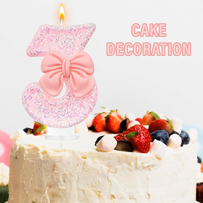 Birthday Cake Candles, Pink Glitter with Bow Cake Candles, Birthday Party Cake Toppers, Cute Birthday Candle Decorations (3)