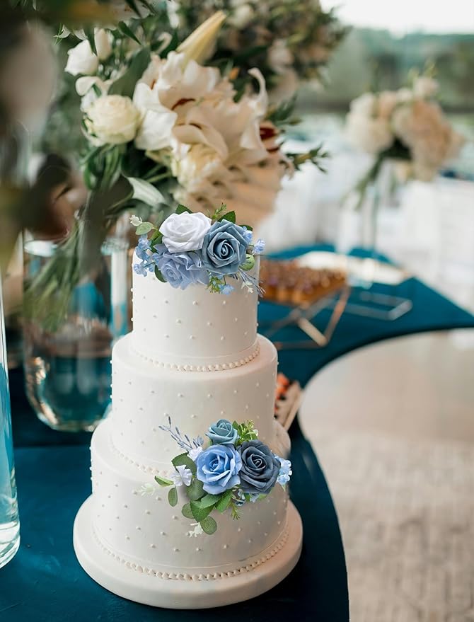 Marriwise 3Pcs Pre-made Cake Toppers Flowers, Light Blue Wedding Cake Decoration, Artificial Flowers Decor for Wedding Ceremony Anniversary, Birthday Party, Outdoor (Light Blue)