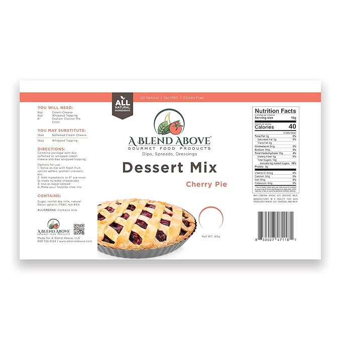 A Blend Above Cherry Pie No Bake Dessert Mix - All Natural, Vegan, Gluten Free, No MSG - Instant Dessert Mix, Fruit Dip, Bagel Topping, Frosting, Cheesecake Filling - Makes 16 Oz (Pack of 3)