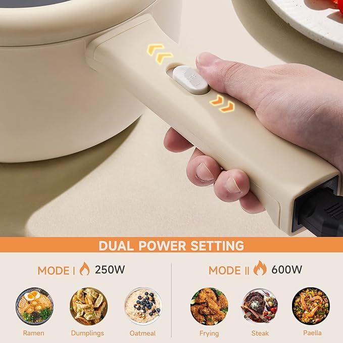 Dezin Electric Cooker, 2L Non-Stick Saut챕 Pan, Rapid Noodles Cooker, Mini Pot for Steak, Egg, Fried Rice, Ramen, Oatmeal, Soup with Power Adjustment, College Dorm Room Essential