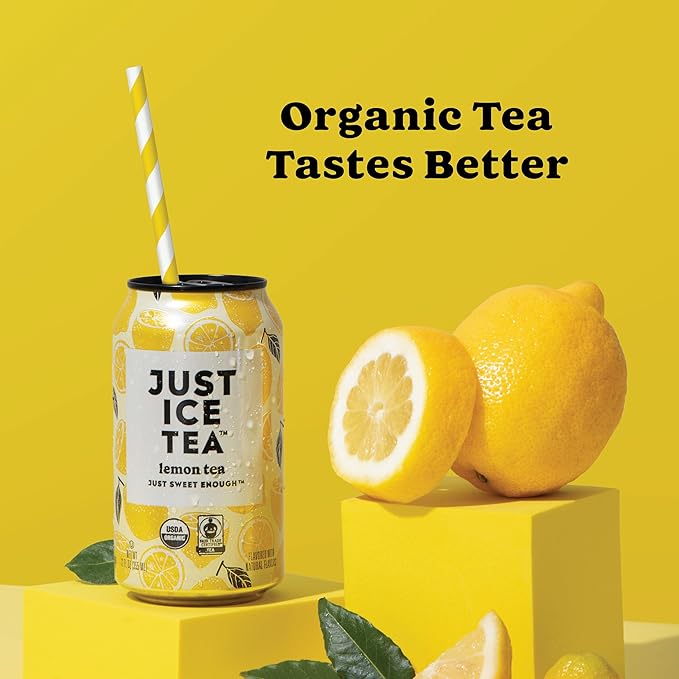 Just Ice Tea, Lemon Flavored Black Iced Tea, 24-Pack (12oz Cans), USDA Certified Organic, Real Brewed, Low Calorie, No Artificial Sweeteners, Fair Trade, Made in USA.