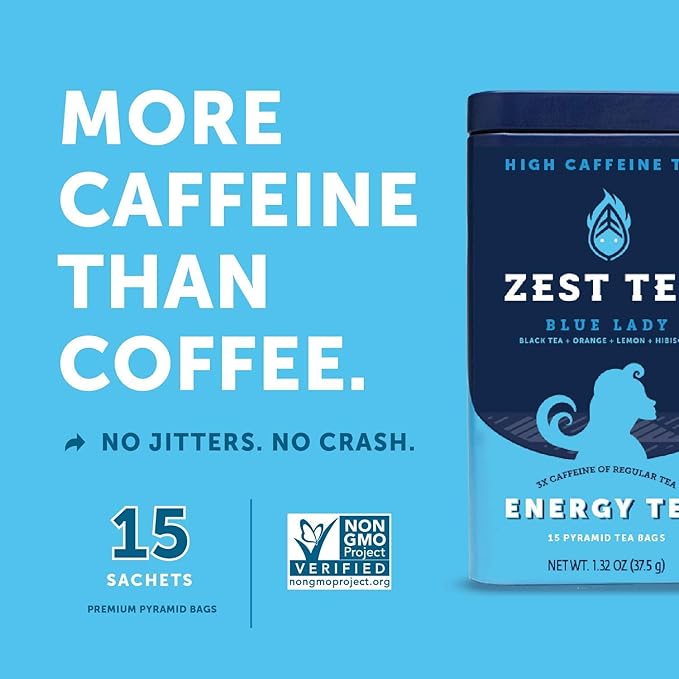 Zest Tea Premium Energy Hot Tea, High Caffeine Blend Natural & Healthy Traditional Black Coffee Substitute, Perfect for Keto, 150 mg Caffeine per Serving, Blue Lady Black Tea, Tin of 15 Sachet Bags