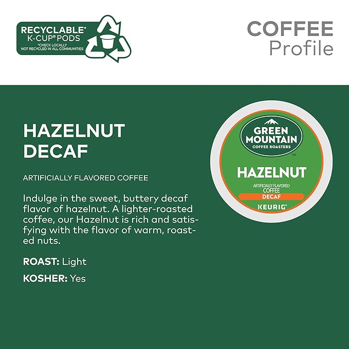 Green Mountain Coffee Roasters Hazelnut Decaf Keurig Single-Serve K-Cup pods, Light Roast Coffee, 60 Count (6 Packs of 10)