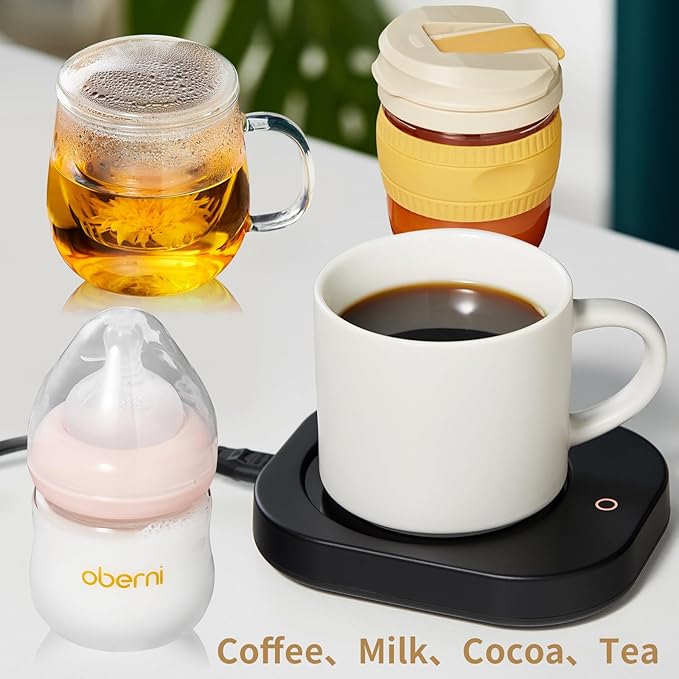 Mug Warmer with 4-Hour Auto Shut Off, 3 Temperature Settings, Frosted Black Rectangular Electric Beverage Heater, Borosilicate Glass Panel, 54-Inch Cord, Coffee Warmer for Desk, Tea Warmer