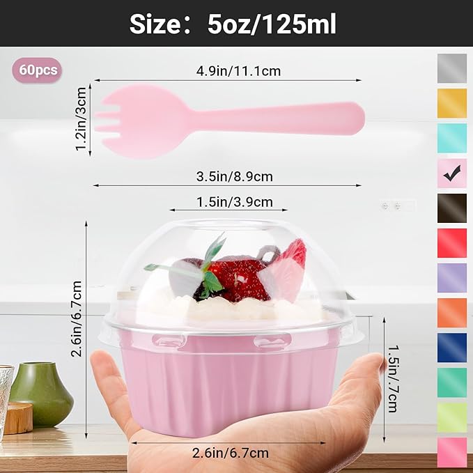 EUSOAR Disposable Creme Brulee Ramekins and Pink Spoons, 60pcs 5oz Mini Cake Cheesecake Pans with Lids, Aluminum Foil Ramekins with Lids Muffin Liners for Party Wedding Birthday Family Gathering