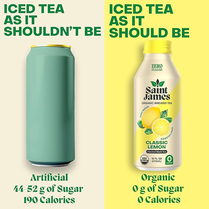Saint James Iced Tea - Organic Black Tea - Non-GMO, Gluten Free, Zero Calorie, Zero Sugar - Classic Lemon, 12 Pack (16 fl oz each)