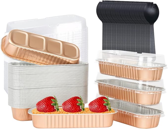 LNYZQUS Disposable Mini Cake Pans with Lids 50 Pack, 6.8oz Rectangle Baking Cups Muffin Tins, Aluminum Foil Baking Tins Mini Loaf Baking Pans Holders-Champagne