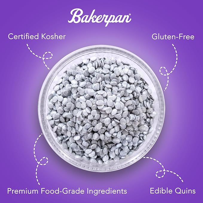 Bakerpan Quins Sprinkles for Cake Decorating - 4 Ounces - Silver Edible Confetti Sprinkles for Cupcakes, Ice Cream, Cookies, Cakes (Made in USA)