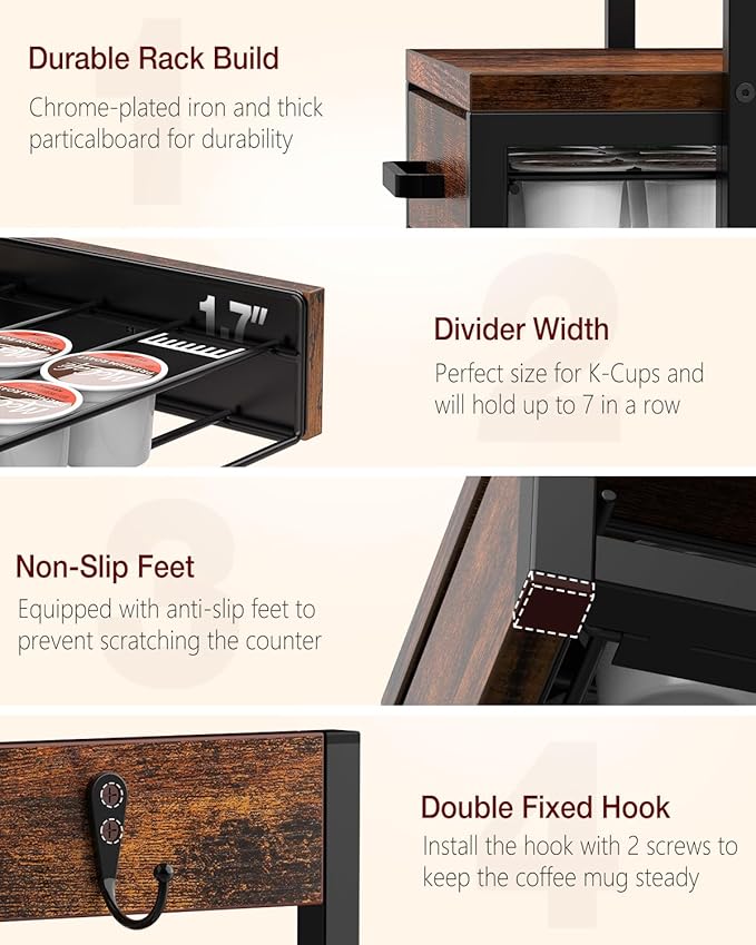 K Cup Holder, 35 Pod Capacity, Coffee Pod Holder Compatible with Keurig, Coffee Station Organizer for Countertop with Cup Rack, Rustic Brown