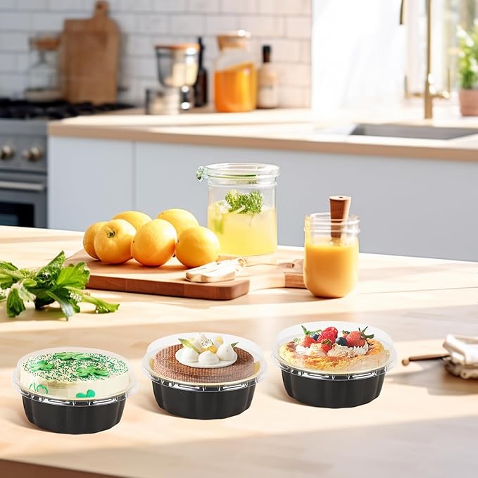 Beasea Creme Brulee Disposable Ramekins with Lids, 120 Pack 8 oz 4 Inch Mini Aluminum Foil Baking Cups Black Gold Small Round Cupcake Tart Pie Tins Pans Individual Containers Oven Safe for Baking