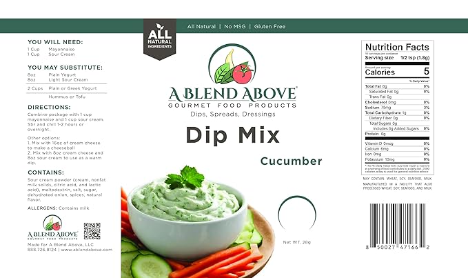 A Blend Above Cucumber Dip Mix, 1 oz, (3 Pack), Gluten-Free, No MSG, All Natural, No Preservatives, Vegetable Dip, Keto Friendly, Low Carb, Easy to Make