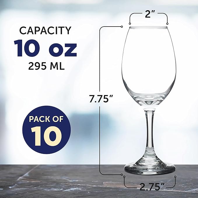 DISCOUNT PROMOS Rioja Wine Glasses with Stem 10 oz. Set of 10, Bulk Pack - Color Bottom, Perfect for Wedding, Party Favors, Birthday, Bridal Shower Gifts - Clear