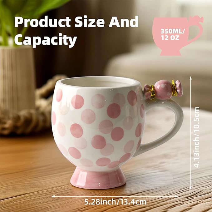 Ceramic Mug Cute Candy Shape, Unique Holiday Mug with Handle Hot Cocoa Cup Perfect for Tea & Coffee Lovers, Gifts for Family Friends or Children 12 OZ (Pink Dots)