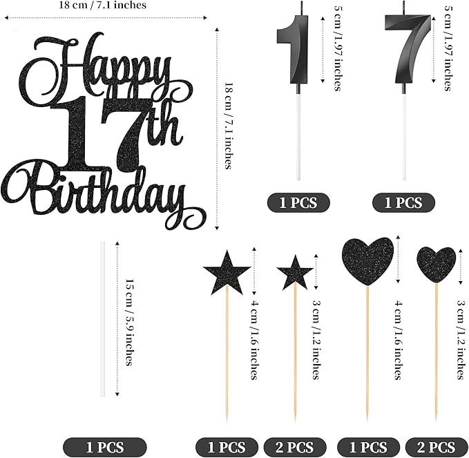 17th Birthday Cake Decorations, 17th Birthday Candles Cake Numeral Candles and Glitter Happy 17th Birthday Cake Toppers Set for Birthday Party Supplies (Black)