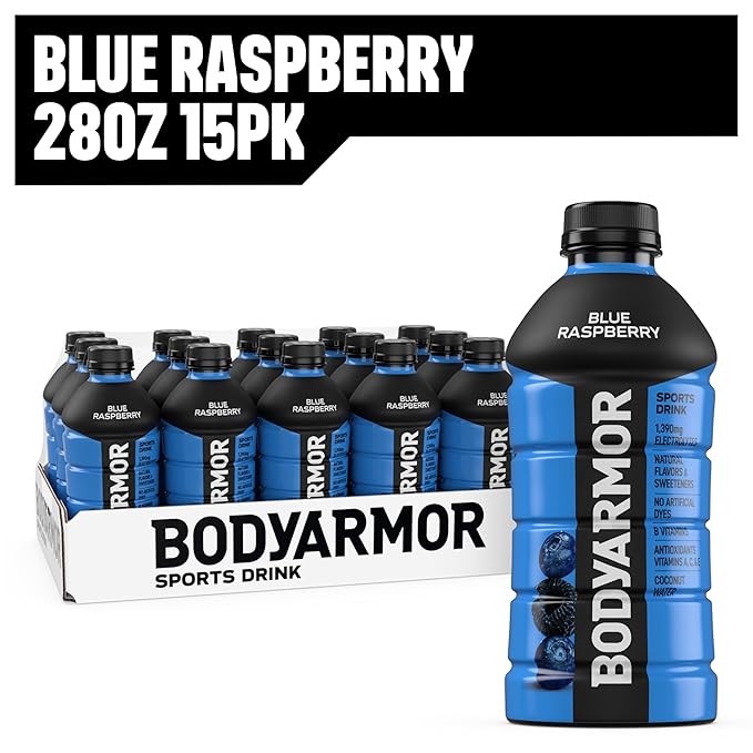 BODYARMOR Sports Drink Sports Beverage, Blue Raspberry, Coconut Water Hydration, Natural Flavors With Vitamins, Potassium-Packed Electrolytes, Perfect For Athletes, 28 Fl Oz (Pack of 15)