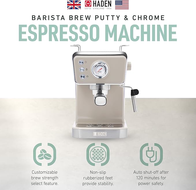 HADEN Barista Brew Espresso Coffee Machine, Stainless Steel Espresso Maker with Milk Frother and Steamer Function and 1.5L Water Tank, Putty & Copper